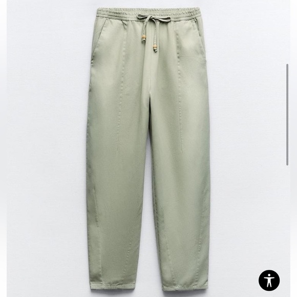 Zara pants drawstring ankle pull on green women small relex fit  new - Picture 1 of 9